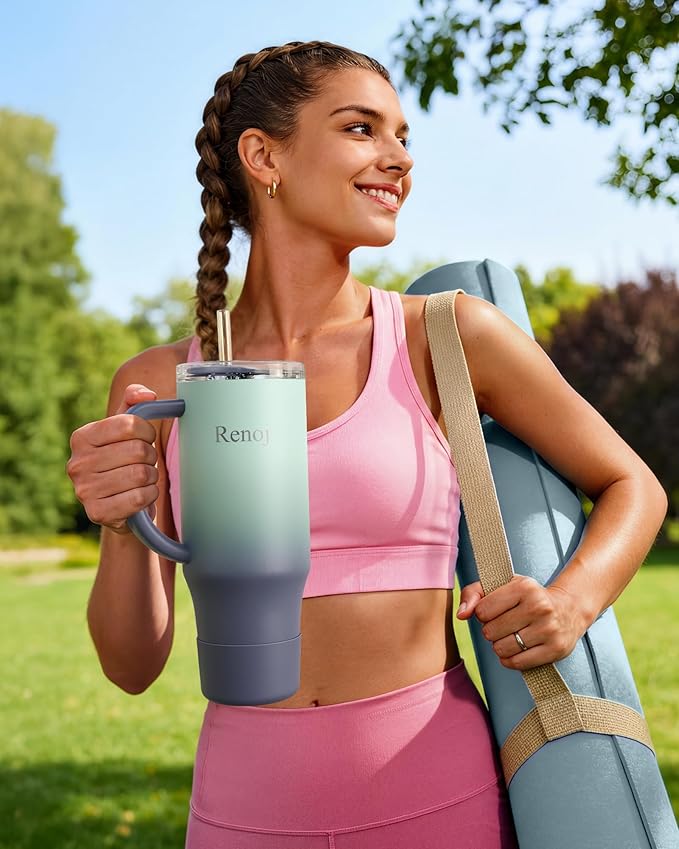 Renoj Tumbler with Handle 100% Spill Resistant Insulated Water Bottle for Iced Coffee & Hot Drinks - Fits Car Cup Holder, Ideal Gift, 2 Straws & Silicone Boot BPA-Free - FlexSlide Blue Gradient 40 oz