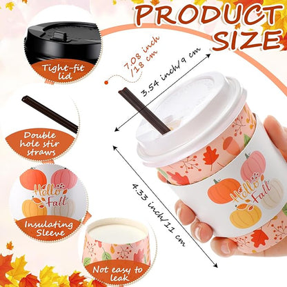 Lallisa 100 Sets Fall Thanksgiving Coffee Cup Bulk with Lid Disposable 12 oz Fall Hot Cups Paper and Sleeves Straws, Autumn Drinking Supplies for Holiday Party(Pink Style)