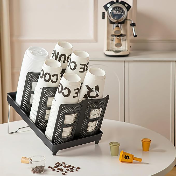 Paper Cup Dispenser, Cup and Lid Holder with 6 Slots, Disposable Coffee Cup Storage Organizer for Countertop, Office, Home, Breakroom, Restaurant, Coffee Station (Black)