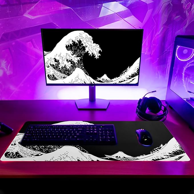Japanese Sea Wave Large Mouse Pad, Abstract Black Gaming Mousepad, Extended Kanagawa Mat Desk Pad, 3mm Thick Long Non-Slip Rubber Base Mice Pad for Office and Home, 27.6x11.8 Inch