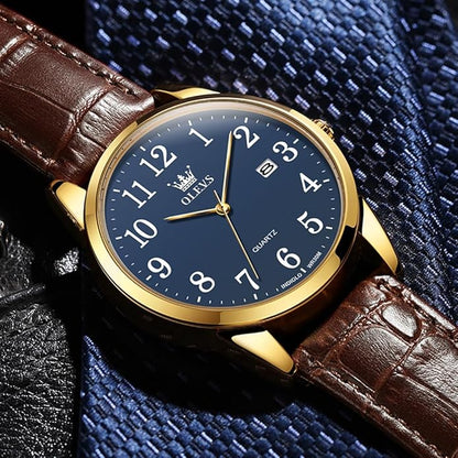 OLEVS Mens Watches Vintage Leather Band Dress Classic Easy Reader Arabic Numerals Analog Quartz Waterproof Date and Day Blue/Black/White Large Face Men's Wrist Watches