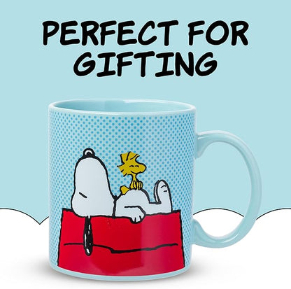 Silver Buffalo Peanuts Snoopy and Woodstock on House Blue Dot Background Ceramic Coffee Mug, 20 Ounces