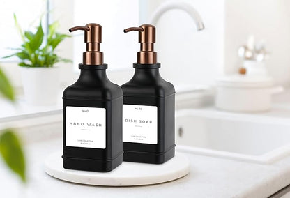 Emerson Essentials Soap Dispenser, Dish Soap Dispenser, Soap Bottle Bathroom Set, Stainless Steel Farmhouse, Kitchen Soap Dispenser Set - Glass Soap Dispenser with Pump and Labels, 16 Oz, 2 Pack