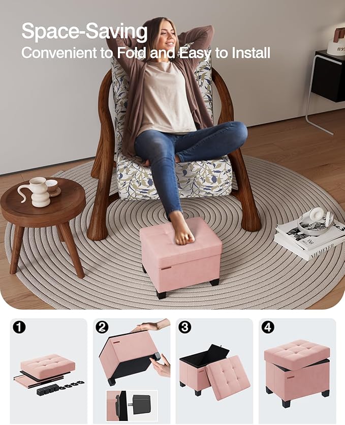 Cube Storage Ottoman, Velvet Foot Stool with Feet, Folding Storage Bench, End of Bed Bench, Storage Chest, for Living Room, Bedroom, 12.6 x 15.8 x 13.2 Inches, Jelly Pink, ASND21P