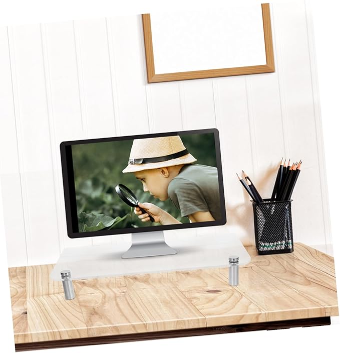 Acrylic Monitor Stand with Metal Legs Computer Desk Shelf Organizer for Office Workspace Stylish Desktop Riser for Laptop and Accessories Storage