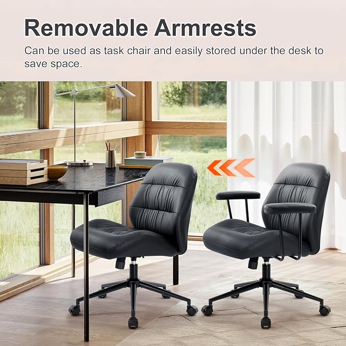 IWMH Home Office Chair, PU Leather Ergonomic Desk Chair with Armrests, Mid-Century Modern Executive Task Chairs, Height Adjustable (Black)