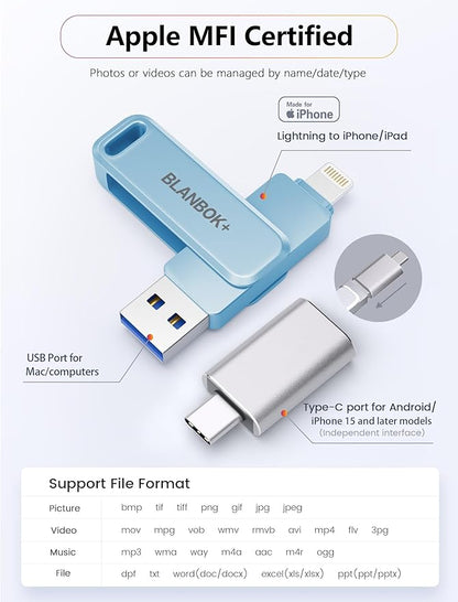MFi Certified 256GB Photo Stick for iPhone Flash Drive,USB Memory Stick Thumb Drives High Speed USB Stick External Storage Compatible for iPhone/iPad/Android/PC (Blue)