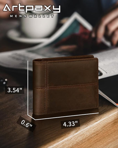 Mens Wallet Bifold Genuine Leather RFID Blocking Wallet for Men with 2 ID Windows 12 Card Holders 2 cash pockets 1 Gift Box