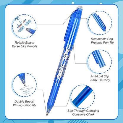 Erasable Pens Multicolor - 12 Colorful Erasable Gel Pens for School Office Journals Smooth Gel Pens Markers Refillable Colored Pens for Kids Adults