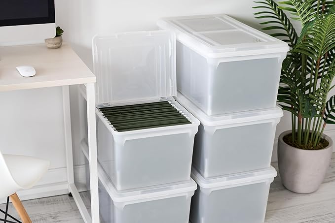 IRIS USA File Box File Organizer w/Hinged Split Latching Lid for Letter/Legal File, Water Resistant Document Box, BPA-Free, Plastic Storage Bin Tote Organizer, Stackable, Nestable, Clear 44 Qt. 5Pack