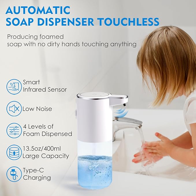 Automatic Foaming Soap Dispenser, Touchless Foam Hand Soap Dispenser for Bathroom, 4-Level Adjustable,13.5oz/400ml, Wall Mounted, Rechargeable
