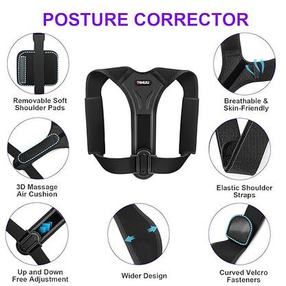 Posture Corrector for Women and Men, Upgraded Comfortable Upper Back Brace with Shoulder Pads & 3D Pad, Adjustable Back Straightener Support for Back, Shoulder and Neck (Black-L)