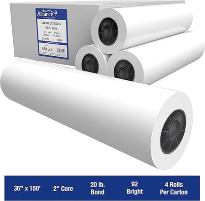Alliance Wide Format Paper CAD Bond Rolls (20lb | 4 Rolls, 36 In x 150 Ft | 2" Core)