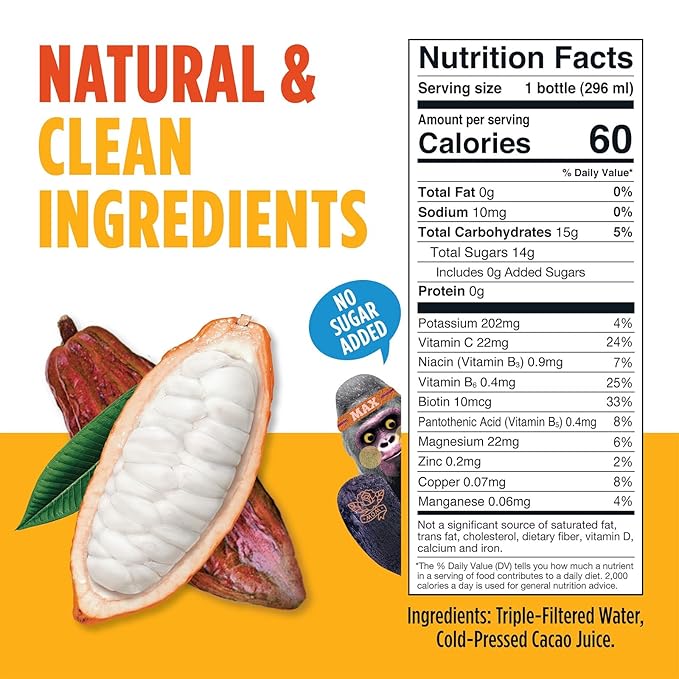 Blue Stripes Cacao Water - Cold Pressed Superfruit Hydration with Electrolytes & Antioxidants, No Sugar Added, All Natural, Great for Protein Shakes & Smoothies - Just Cacao, 6 Pack