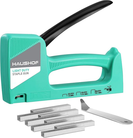HAUSHOF Light Duty Staple Gun, Upholstery Staple Gun with 800PCS JT21 Staples and Stapler Remover, Fits JT21 Staple of 1/4'', 5/16'' & 3/8'', Used for Wood, Classroom, Crafts, DIY, Decoration (Green)