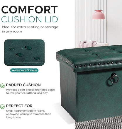 Folding Storage Ottoman, Small Faux Leather Foot Rest Stool with Rivet Design, 16 x 12 x12 Inches Ottoman with Storage Vanity Stool Coffee Table for Living Room, Bedroom, Load 242 lbs, Green