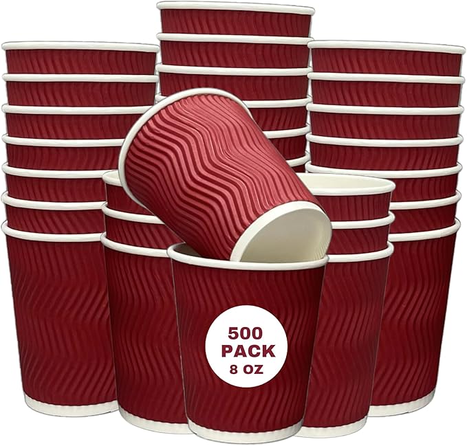 500 Pack 8oz Triple Wall Corrugated Insulated Red Paper Cups for Hot Drinks — Disposable Coffee Cups for Tea, Espresso, Office, Parties, Café or Pantry