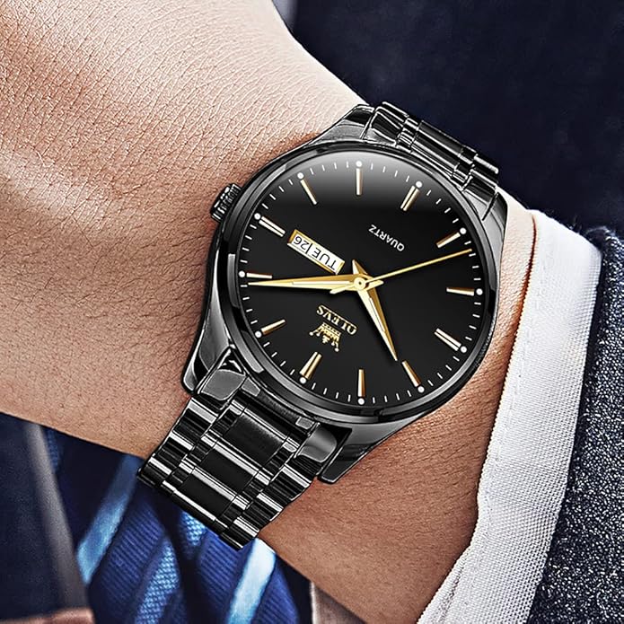 OLEVS Men's Luxury Watch Waterproof Luminous Easy Read Chronograph Watches Full Gold/White Dail/Black Face with Calendar Wristwatch