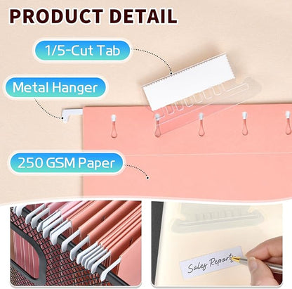 25-Pack Pastel Hanging File Folders, Letter Size (8.5"x11") with 1/5-Cut Tabs,25 Transparent Label Cards, 25 Sticker Labels–Home Office & Filing Cabinets