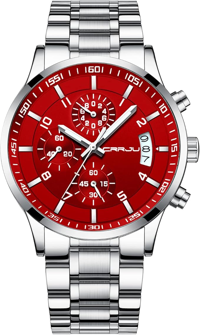 CRRJU Men's Fashion Stainless Steel Watches Date Waterproof Chronograph Wristwatches,Black Steel Band Waterproof Quartz Watch for Men