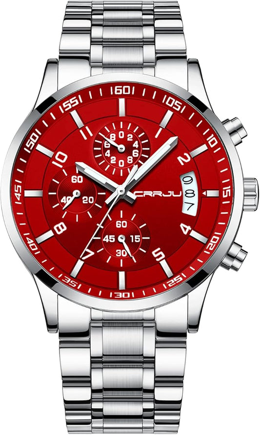 CRRJU Men's Fashion Stainless Steel Watches Date Waterproof Chronograph Wristwatches,Black Steel Band Waterproof Quartz Watch for Men
