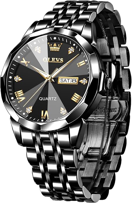 Men's Casual Stainless Steel Watch, Big Face Easy to Read Analog Quartz Watch with Day and Date, Classic Waterproof Diamond Roman Arabic Numerals Dial Dress Watch for Men, Gold Silver Black Band