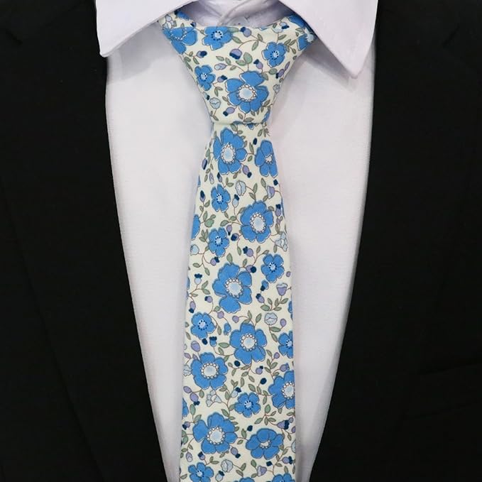 Cotton Floral Ties for Men 2.76" Men's Skinny Tie Linen Flower Printed Neck Tie for Wedding Dating Party