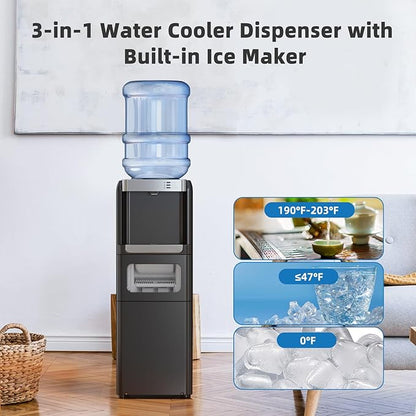 Antarctic Star 3-in-1 Hot and Cold Water Cooler Dispenser with Built-in Ice Maker, for 3 to 5 Gallon Bottle Water Dispenser，with Child Safety Lock，Black