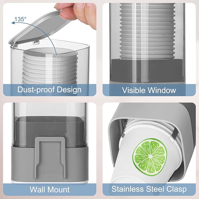 MYITYARD Cup Dispenser, Pull Type Wall Mount Cup Holder for Water Cooler Fit 3oz-5oz Disposable Paper and Plastic Cups, Bathroom Mouthwash Cup Dispenser for Home, Office, Gym, Hospital (Grey)