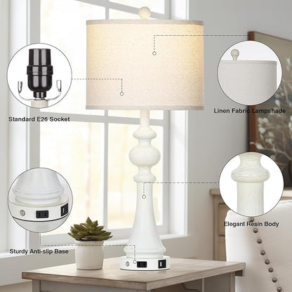 28" Farmhouse Lamps Set of 2 with USB A+C Fast Ports & AC Outlets, Vintage Rustic 3-Way Dimmable Touch Control Table Lamps, Rustic Traditional Bedside Nightstand Lamp for Living Room Bedroom White