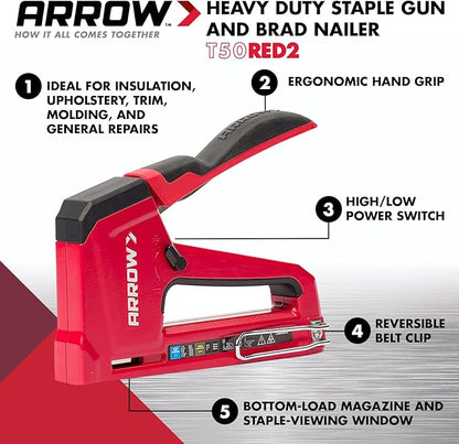 Arrow T50RED2 Heavy Duty Manual 2-in-1 Staple Gun and Brad Nailer for Upholstery, Framing, Insulation, Crafts, and Furniture, Red