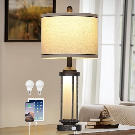 Farmhouse Table Lamp, 27" Vintage Rustic Retro Beside Lamp with USB A+C Charging Ports & AC Outlet, Industrial Modern Lamp with Glass LED Night Light for Living Room Bedrooms Nightstand 1 Pack