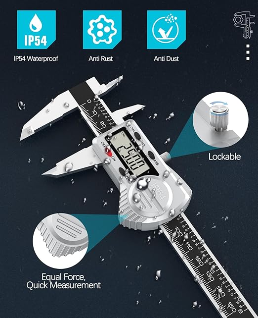 Housolution Digital Caliper 6 inch,(ABS) Absolute Scale Caliper,IP54 Caliper Measuring Tool, Inch/MM, Auto-Off LCD Stainless Steel Waterproof Micrometer Vernier Caliper, with Steel Ruler, Silver