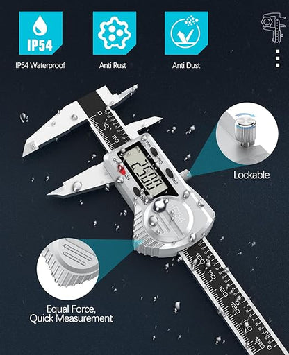 Housolution Digital Caliper 6 inch,(ABS) Absolute Scale Caliper,IP54 Caliper Measuring Tool, Inch/MM, Auto-Off LCD Stainless Steel Waterproof Micrometer Vernier Caliper, with Steel Ruler, Silver