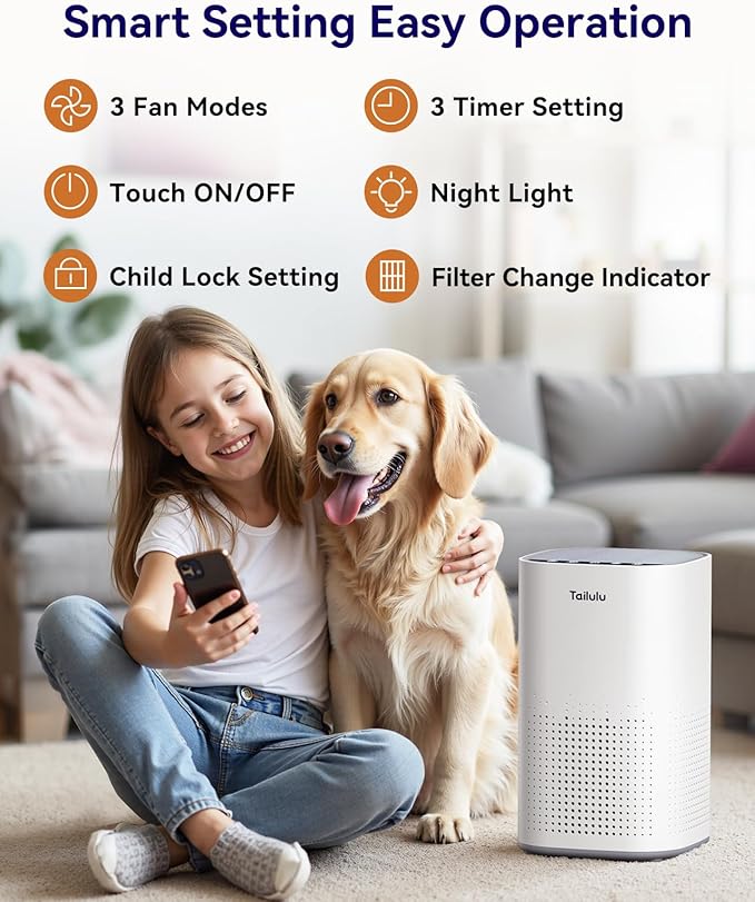 Air Purifiers for Home Large Room up to 1500ft², Tailulu H13 True HEPA Air Purifier for Pets Dust Odor Smoke, Air Purifier for Bedroom with 15dB Quiet Sleep Mode for Bedroom Office Living Room