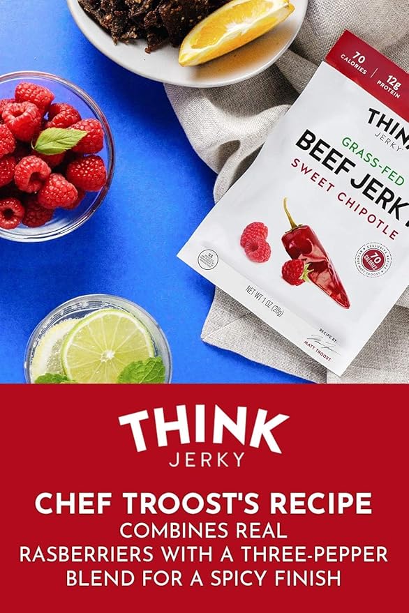 Think Jerky Sweet Chipotle Beef Jerky, Grass-Fed High Protein Beef Jerky, Gluten Free, No Antibiotics or Nitrates, Healthy Chef Crafted Recipe, Low Calorie and Low Fat - 2.2 oz Bags, 8 Pack