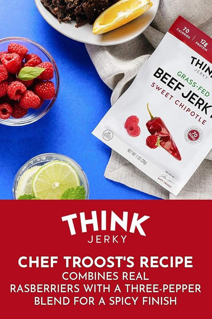 Think Jerky Sweet Chipotle Beef Jerky, Grass-Fed High Protein Beef Jerky, Gluten Free, No Antibiotics or Nitrates, Healthy Chef Crafted Recipe, Low Calorie and Low Fat - 2.2 oz Bags, 8 Pack