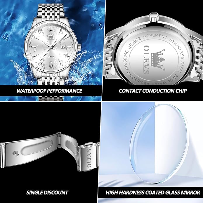 OLEVS Mens Watch Stainless Steel Analog Quartz Watches for Men Day Date Easy Read Diamond Waterproof Dress Luxury Classic Casual Big Face Blue/Black/Gold/Silver Roman Arabic Numerals Men's Wrist Watch