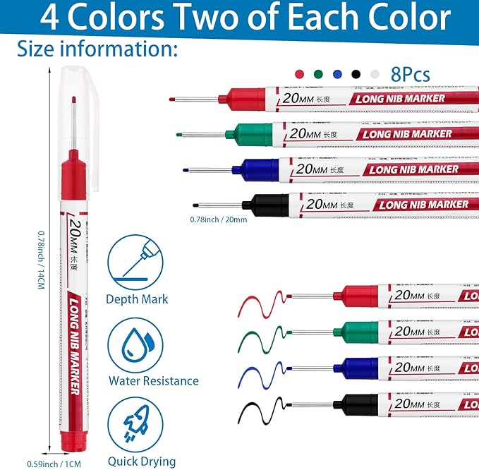 8 PCS Long Head Deep Hole Marker Pens,20mm Long Nib Marker, Longs Nose Markers, Waterproof Construction Markers Marking Tool,Permanent Markers Carpenter Ink marker Pens,Metal marking Pens 03