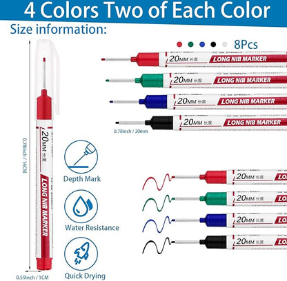 8 PCS Long Head Deep Hole Marker Pens,20mm Long Nib Marker, Longs Nose Markers, Waterproof Construction Markers Marking Tool,Permanent Markers Carpenter Ink marker Pens,Metal marking Pens 03