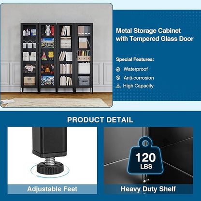 Display Storage Cabinet with Glass Doors, 71 Inches Metal Curio Cabinets with 4 Adjustable Shelves, HD&Tempered Glass Cabinet Display Case for Home, Office, Pantry, Assemble Required (Black)