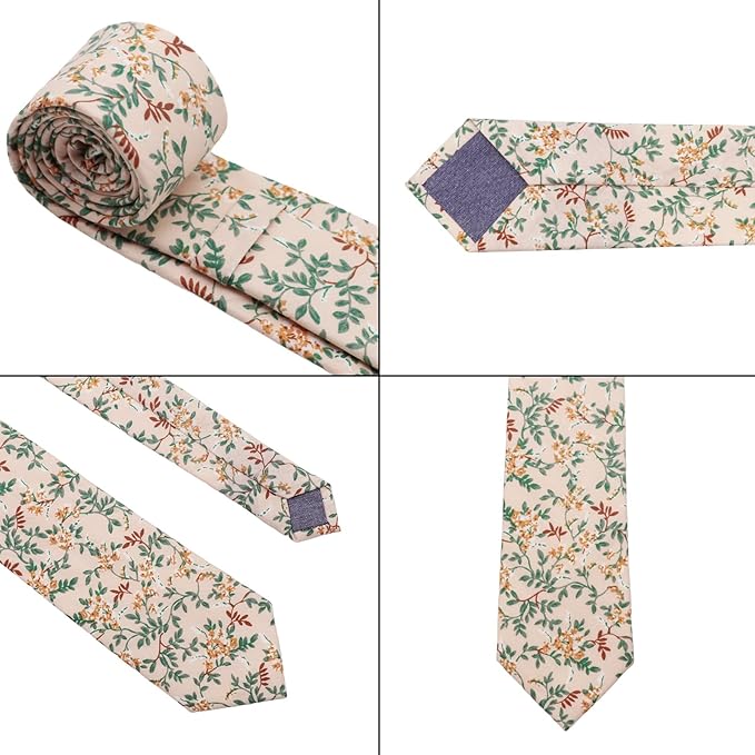 Cotton Floral Ties for Men 2.76" Men's Skinny Tie Linen Flower Printed Neck Tie for Wedding Dating Party
