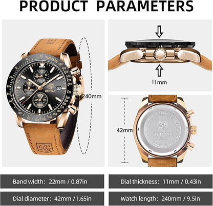 BY BENYAR Watch for Men Analog Quartz Chronograph Waterproof Luminous Designer Mens Wrist Watches Business Work Sport Casual Dress Watch with Silicone Strap Elegant Gifts for Men