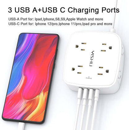 10 Ft Surge Protector Power Strip - YISHU 8 Widely Outlets with 4 USB Ports, 3 Side Outlet Extender with 10 Feet Flat Extension Cord, Ultra Flat Plug, Wall Mount, Desk USB Charging Station, ETL, White