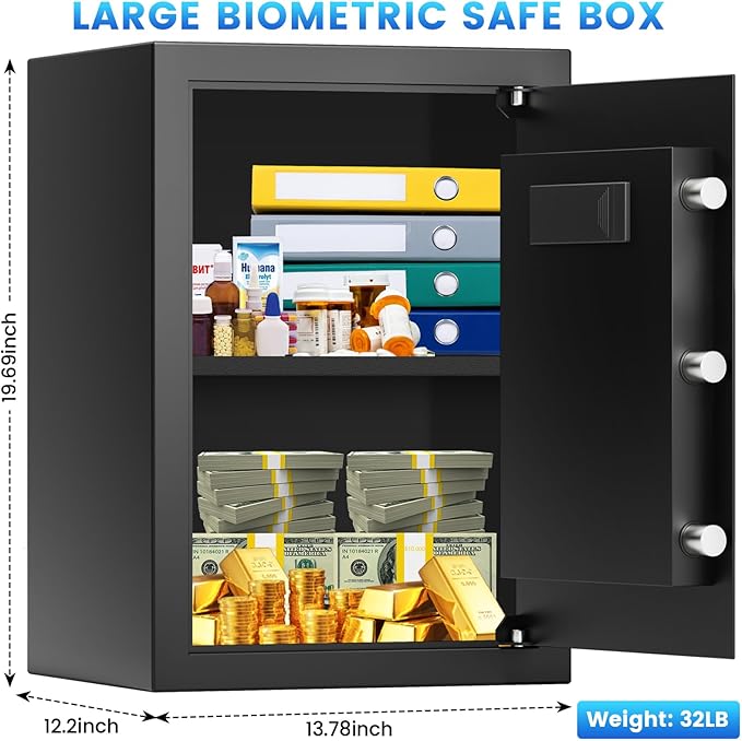 3.0 Cuft Large Biometric Safe Box, Personal Safes for Home Use Fire and Water Proof with Fingerprint Lock, Fireproof Safe with Fireproof Waterproof Bag, Security Safety Box for Home Office