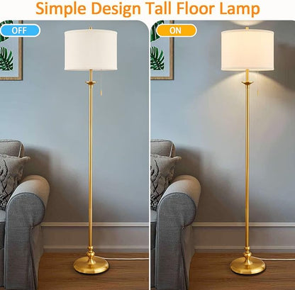 60" Gold Floor Lamp, Standing Lamp for Living Room, Bedroom, Office & Dining Room - Tall Corner Floor Lamps with Pull Chain Switch, Soft Lighting Farmhouse Design - Modern Floor Lamp (Bulb Included)
