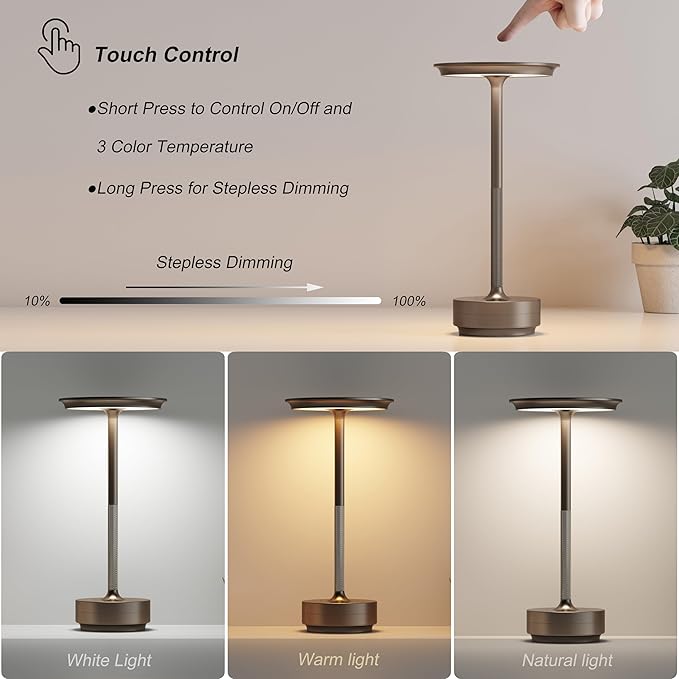 2 Pack Rechargeable Cordless Table Lamps, Portable 5000mAh Battery Table Light, 3 Color Stepless Dimming LED Table Light with Memory Function, for Outdoor/Dinner/Patio/Restaurant.(Light Cafe)