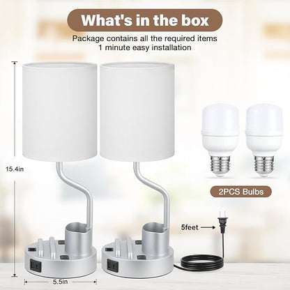 Grey Bedside Table Lamps for Bedroom Set of 2 - Nightstand Light with AC Outlet and USB A & C for Charging, 3 Color Temperatures Desk Lamp with Pen Holder & Phone Stand for Living Room/Dorm/Office