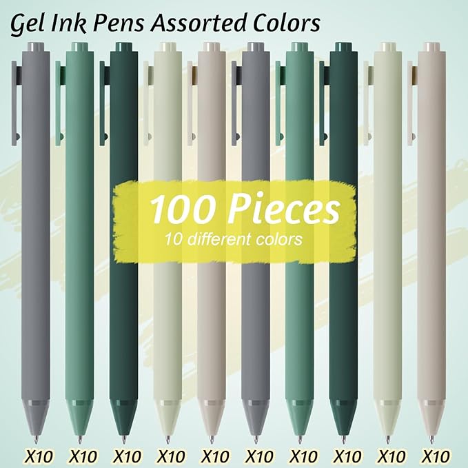 Crtiin 100 Pcs Gel Ink Pens Bulk, Black Ink 0.5mm Fine Point Retractable Pen Smooth Writing Office School Supplies for Teacher Server Operation Christmas Charity Donation Thanksgiving (Green Series)