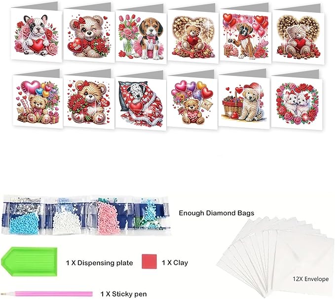 jinglinhh 12pcs Diamond Art Painting Valentine's Day Bear Dog Rose Flower Balloon Wreath Greeting Cards with Envelopes, DIY Card Making Kits for Adults, Diamond Art Holiday Birthday Cards Craft Gifts